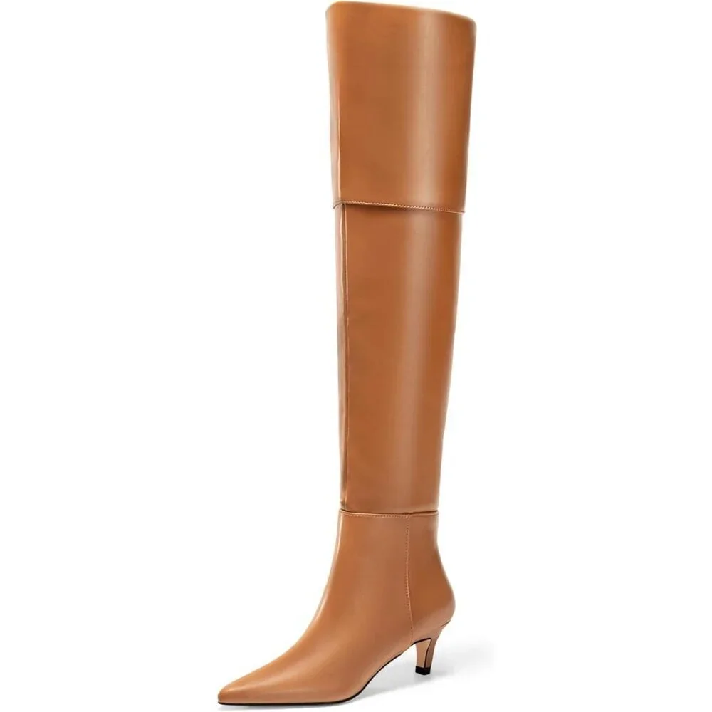 Women Brown Pu Thigh High Pointed Toe Kitten Heel Over the Knee Long Boot